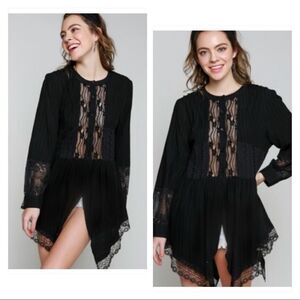 LACE Trim Top W/ China Collar & Shark-bite Hem